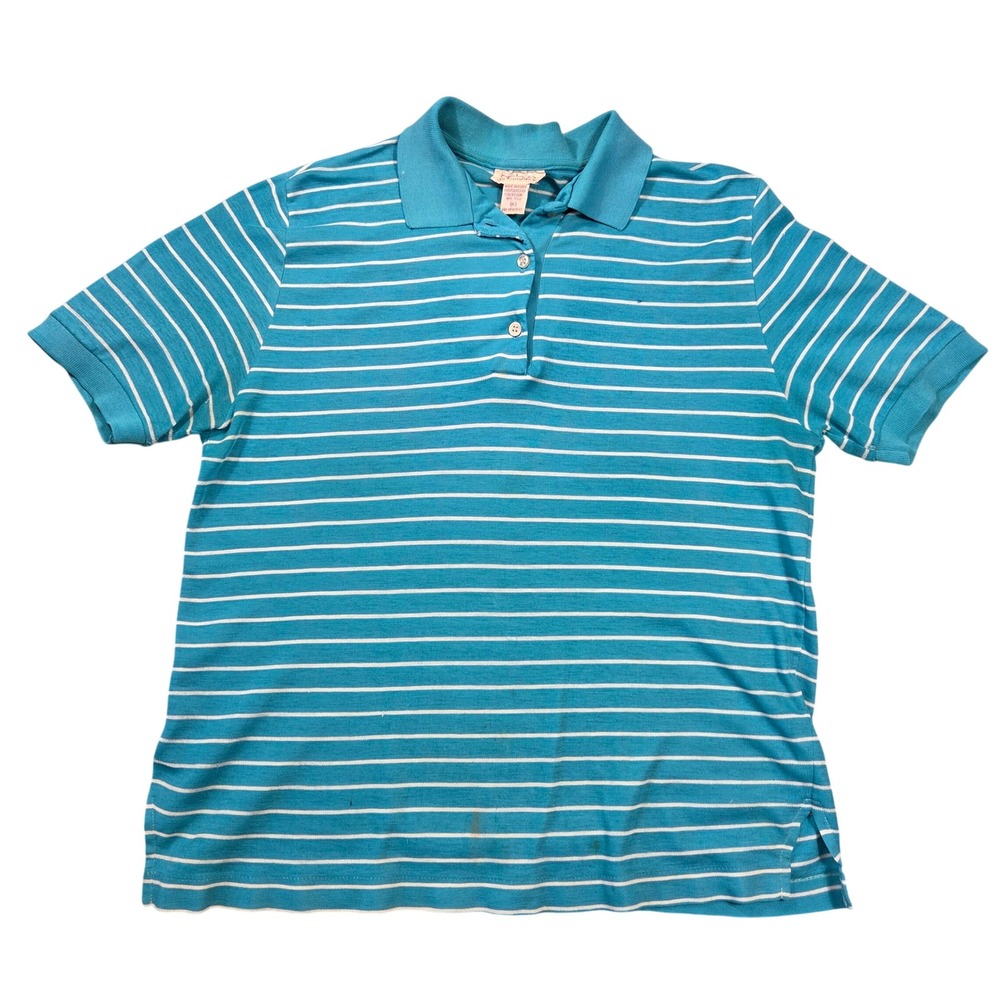 Vintage Townhouse Turquoise Blue White Striped Short Sleeve Polo Shirt XL Retro